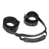 Ouch! Bonded Leather Hand Cuffs with Handle - Black