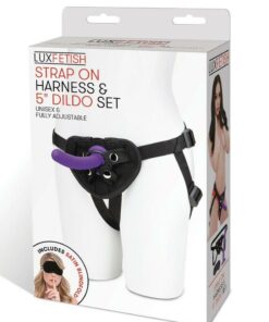 Lux Fetish Strap on Harness and Silicone Dildo Set 5in - Black/Purple