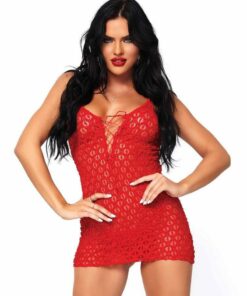 Leg Avenue Mini Dress with Lace Up Front and G-String - O/S - Red