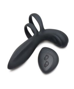Trinity Men Rechargeable Silicone Vibrating Girth Enhancer with Remote Control - Black