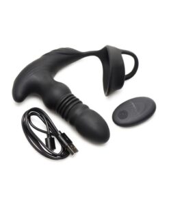 Thunder Plugs Rechargeable 10X Thrusting Silicone Vibrator with Cock and Ball Strap - Black
