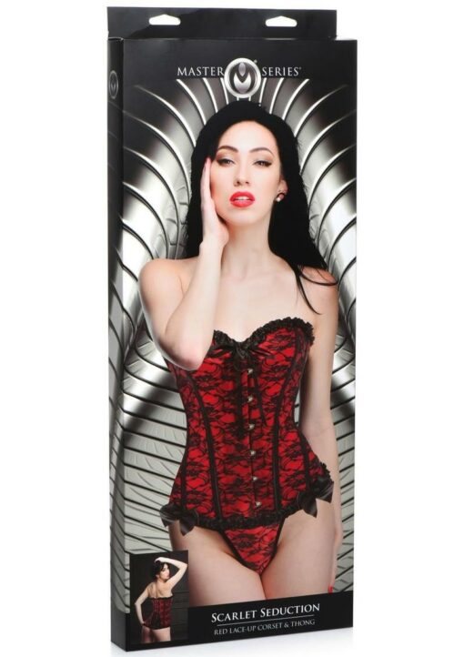 Master Series Scarlet Seduction Lace-up Corset and Thong - Large - Red/Black