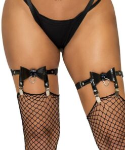 Vegan Leather Thigh High Bow Garter with Adjustable Straps and Heart Ring Accent - O/S - Black