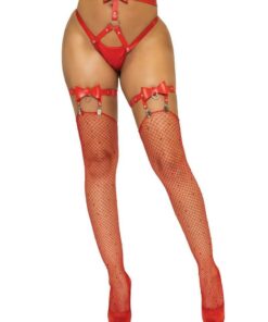 Vegan Leather Thigh High Bow Garter with Adjustable Straps and Heart Ring Accent - O/S - Red