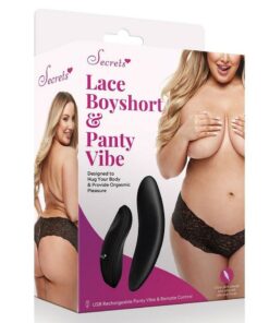Secrets Lace Boyshort and Rechargeable Remote Control Panty Vibe - Q/S - Black