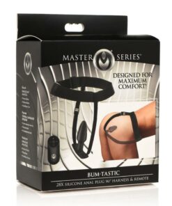Master Series Bum-Tastic 28X Rechargeable Silicone Anal Plug with Harness and Remote Control - Black