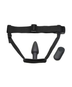 Master Series Bum-Tastic 28X Rechargeable Silicone Anal Plug with Harness and Remote Control - Black