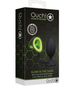 Ouch! Butt Plug with Cock Ring and Ball Strap Silicone Glow in the Dark - Green
