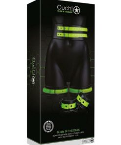 Ouch! Thigh Cuffs with Belt and Handcuffs Glow in the Dark - Large/XLarge - Green