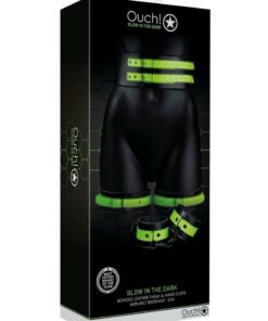 Ouch! Thigh Cuffs with Belt and Handcuffs Glow in the Dark - Small/Medium - Green