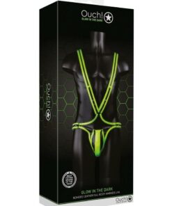 Ouch! Bonded Leather Full Body Harness Glow in the Dark - Large/XLarge - Green