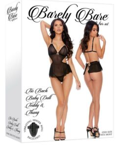 Barely Bare Tie-Back Baby Doll Teddy and Thong - O/S - Black