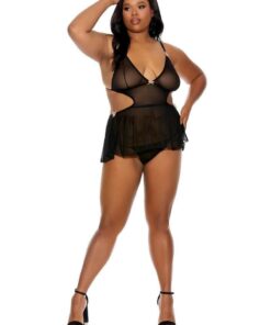 Barely Bare Tie-Back Baby Doll Teddy and Thong - Plus Size - Black