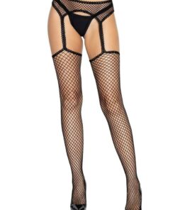 Leg Avenue Industrial Net Stockings with Scalloped Trimmed Attached Garter Belt - O/S - Black