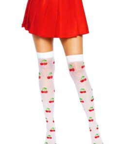 Leg Avenue Spandex Sheer Polka Dot Cherry Thigh Highs - O/S - White/Red