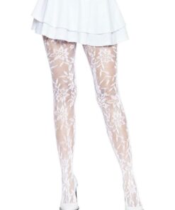 Leg Avenue Seamless Chantilly Floral Lace Tights - O/S - White