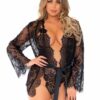 Leg Avenue Floral Lace Teddy with Adjustable Straps and Cheeky Thong Back Matching Lace Robe with Scalloped Trim and Satin Tie - Small - Black
