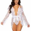Leg Avenue Floral Lace Teddy with Adjustable Straps and Cheeky Thong Back Matching Lace Robe with Scalloped Trim and Satin Tie - Small - White