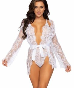 Leg Avenue Floral Lace Teddy with Adjustable Straps and Cheeky Thong Back Matching Lace Robe with Scalloped Trim and Satin Tie - Small - White