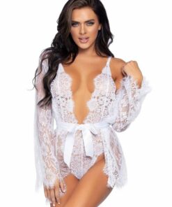 Leg Avenue Floral Lace Teddy with Adjustable Straps and Cheeky Thong Back Matching Lace Robe with Scalloped Trim and Satin Tie - Medium - White