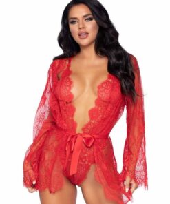 Leg Avenue Floral Lace Teddy with Adjustable Straps and Cheeky Thong Back Matching Lace Robe with Scalloped Trim and Satin Tie - Small - Red