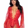 Leg Avenue Floral Lace Teddy with Adjustable Straps and Cheeky Thong Back Matching Lace Robe with Scalloped Trim and Satin Tie - Medium - Red
