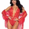 Leg Avenue Floral Lace Teddy with Adjustable Straps and Cheeky Thong Back Matching Lace Robe with Scalloped Trim and Satin Tie - Medium - Red