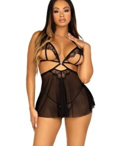 Leg Avenue Open Cup Eyelash Lace and Mesh Babydoll with Heart Ring Accent and Matching Panty - Small - Black
