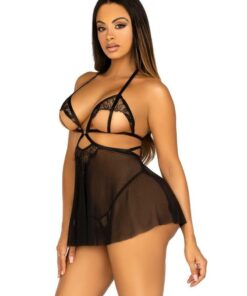 Leg Avenue Open Cup Eyelash Lace and Mesh Babydoll with Heart Ring Accent and Matching Panty - Small - Black