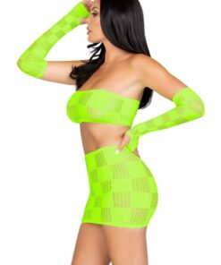 Leg Avenue Checkerboard Net and Opaque Bandeau Mini Skirt and Arm Warmers - O/S - Neon Green