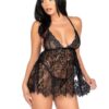 Leg Avenue Floral Lace Babydoll with Eyelash Lace Scalloped Hem Adjustable Cross-Over Straps and G-String Panty - Small - Black
