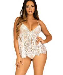 Leg Avenue Floral Lace Babydoll with Eyelash Lace Scalloped Hem Adjustable Cross-Over Straps and G-String Panty - Small - White
