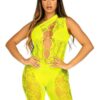 Leg Avenue Floral Lace Convertible Footless Bodystocking with Opaque Panel Detail - O/S - Neon Yellow