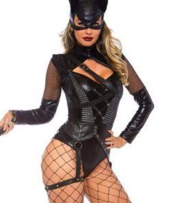 Leg Avenue Villainess VixenSpandex Strappy Bodysuit with O-Ring Attached Garter and Matching Hooded Mask (2 Piece) - Medium - Black