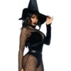 Leg Avenue Crafty Witch Snap Crotch Velvet Bodysuit with Distressed Net and Attached Garter