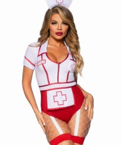 Leg Avenue Nurse Feelgood Snap Crotch Garter Bodysuit with Attached Apron and Hat Headband (2 Piece) - Small - Red/White