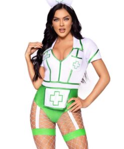 Leg Avenue Nurse Feelgood Snap Crotch Garter Bodysuit with Attached Apron and Hat Headband (2 Piece) - Large - Green/White