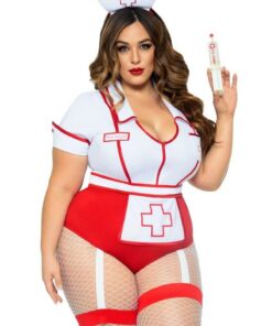 Leg Avenue Nurse Feelgood Snap Crotch Garter Bodysuit with Attached Apron and Hat Headband (2 Piece) - 1X/2X - Red/White