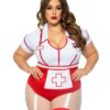 Leg Avenue Nurse Feelgood Snap Crotch Garter Bodysuit with Attached Apron and Hat Headband (2 Piece) - 3X/4X - Red/White