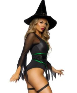 Leg Avenue Broomstick Babe Bodysuit with Lace Up Deep-V and Waist Cincher Buckle Accent