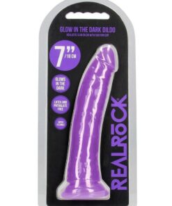 RealRock Slim Glow in the Dark Dildo with Suction Cup 7in - Purple