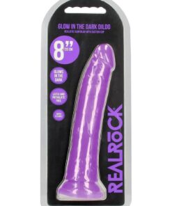 RealRock Slim Glow in the Dark Dildo with Suction Cup 8in - Purple