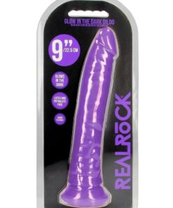 RealRock Slim Glow in the Dark Dildo with Suction Cup 9in - Purple