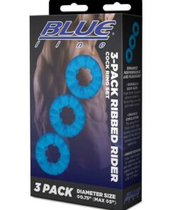 Blue Line Ribbed Rider Cock Ring (3 Pack) - Blue