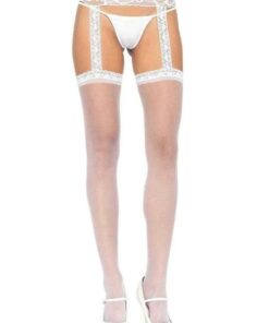 Leg Avenue Sheer Thi-Hi with Lace Garter Belt - O/S - White