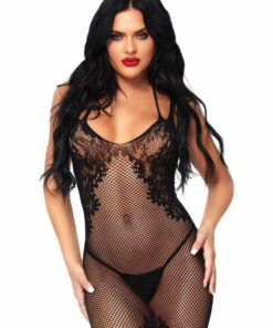 Leg Avenue Seamless Net and Lace Dual Strap Halter Dress with Faux Lace Up Back - O/S - Black