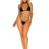 Leg Avenue High Neck Fence Net Long Sleeved Bodysuit with Snap Crotch Thong Panty - O/S - Black