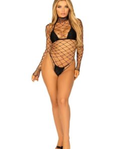 Leg Avenue High Neck Fence Net Long Sleeved Bodysuit with Snap Crotch Thong Panty - O/S - Black