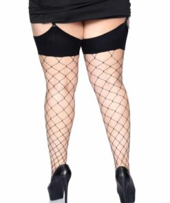 Leg Avenue Spandex Fence Net Stockings with Reinforced Toe and Comfort Wide Band Top - 1X/2X - Black