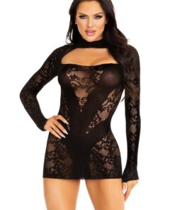 Leg Avenue Lace Keyhole Mini Dress with Opaque Panel Detailing and Gloved sleeves - O/S - Black